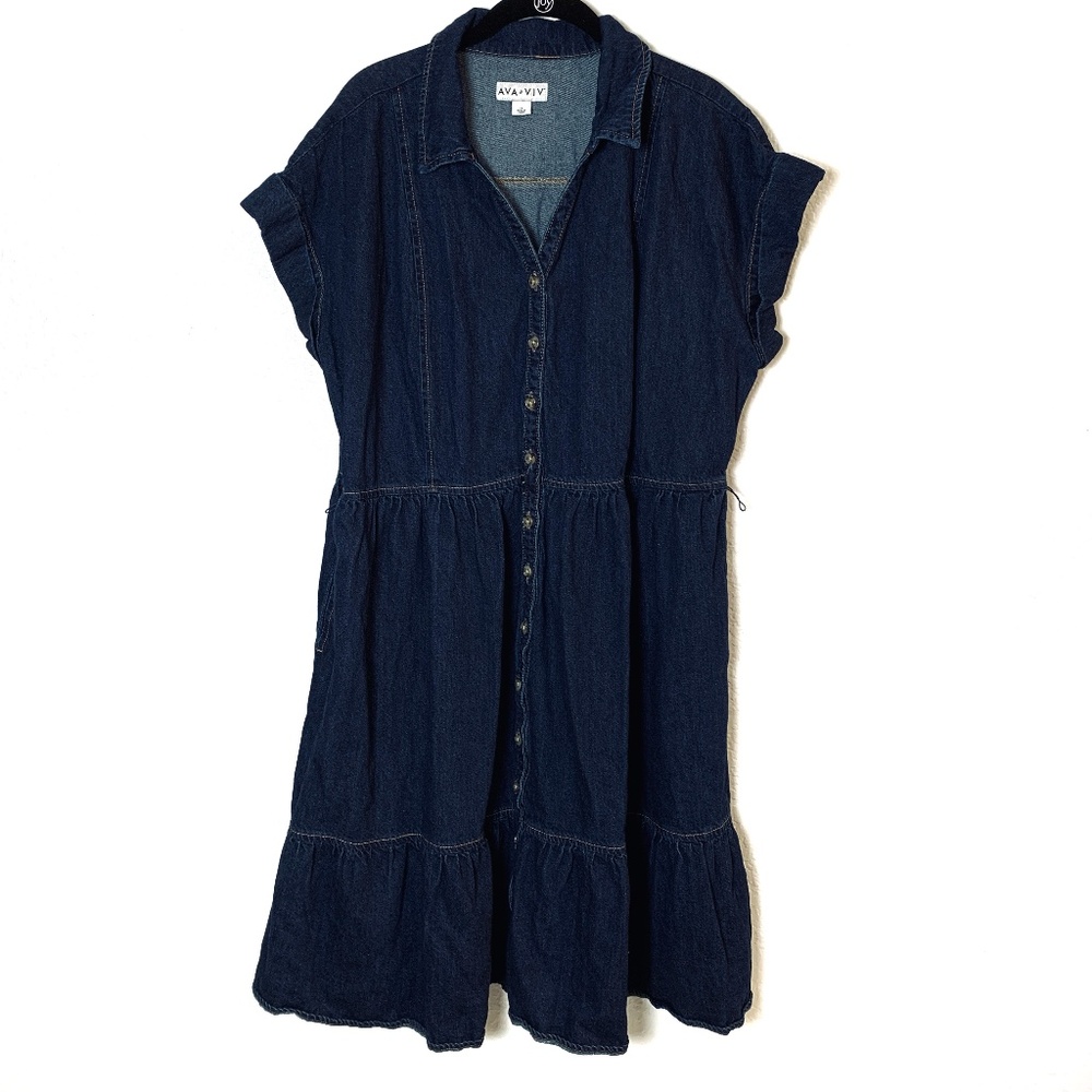 AVA & VIV Denim Midi Dress 1X Blue Tiered Button Up Boho Western Short Sleeve